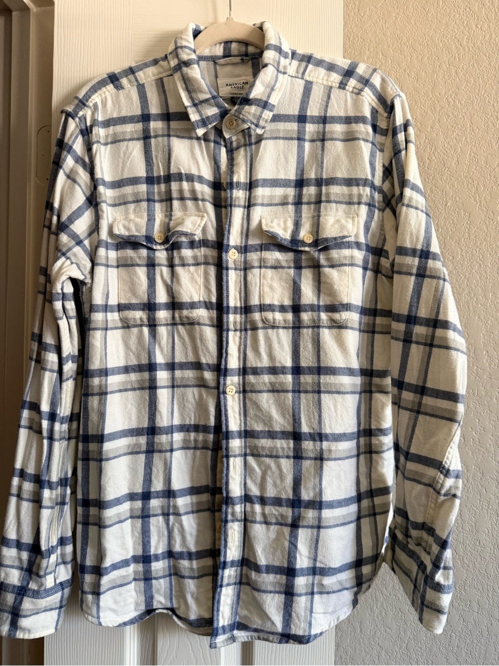 American Eagle Outfitters White & Blue Plaid Button-Down Shirt